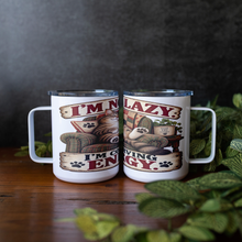 Load image into Gallery viewer, Im_Not_Lazy_Im_Conserving_Energy_Insulated_Mug_Lifestyle_Wood_Table_Mockup.png_16112976